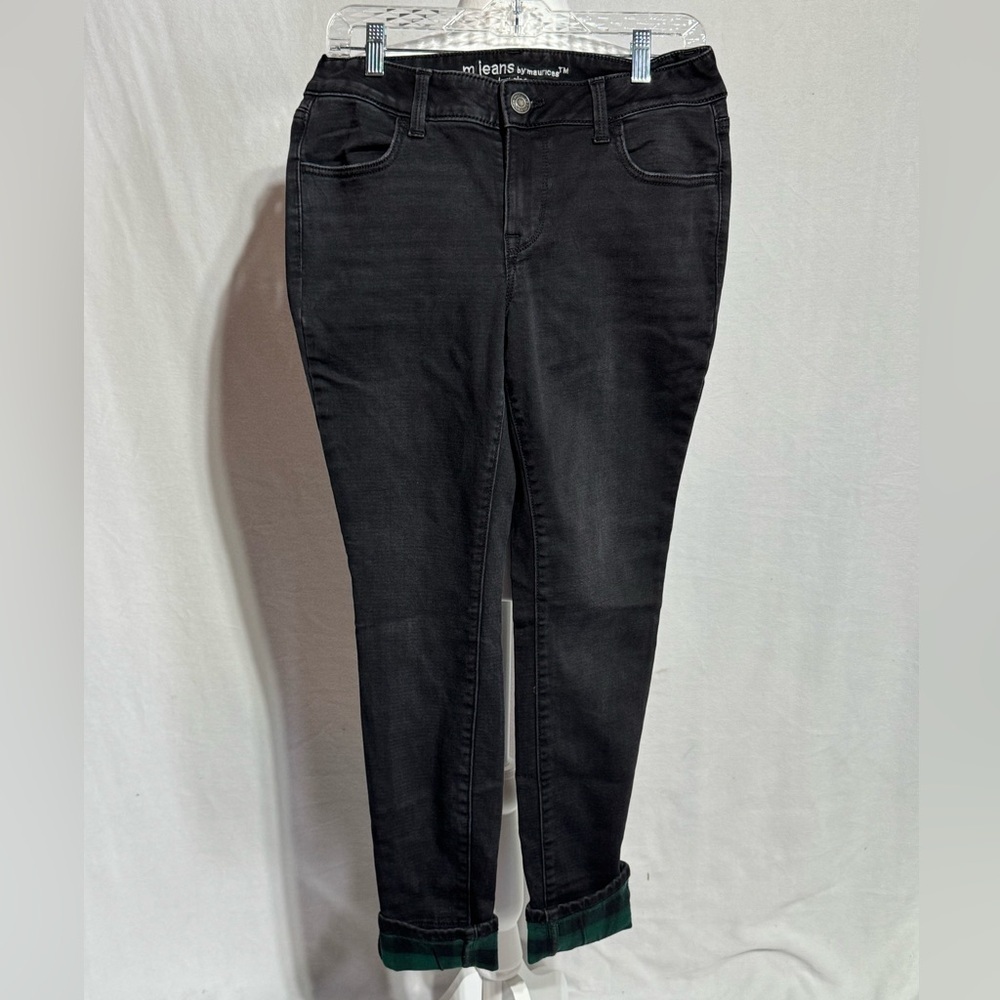 Maurices Black Washed Low Rise Skinny Jeans With Plaid Ankle Cuff Size Medium